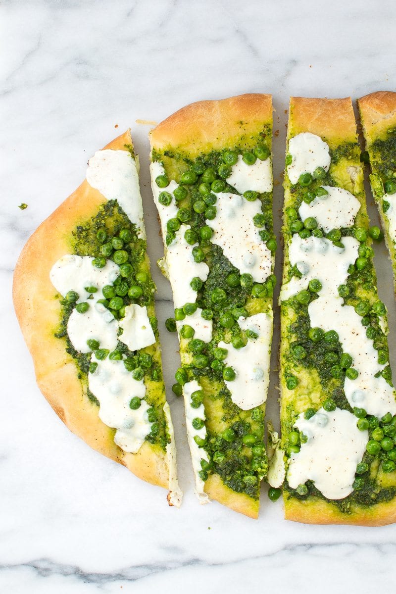pea pizza with truffle spinach pesto - Appetites Anonymous