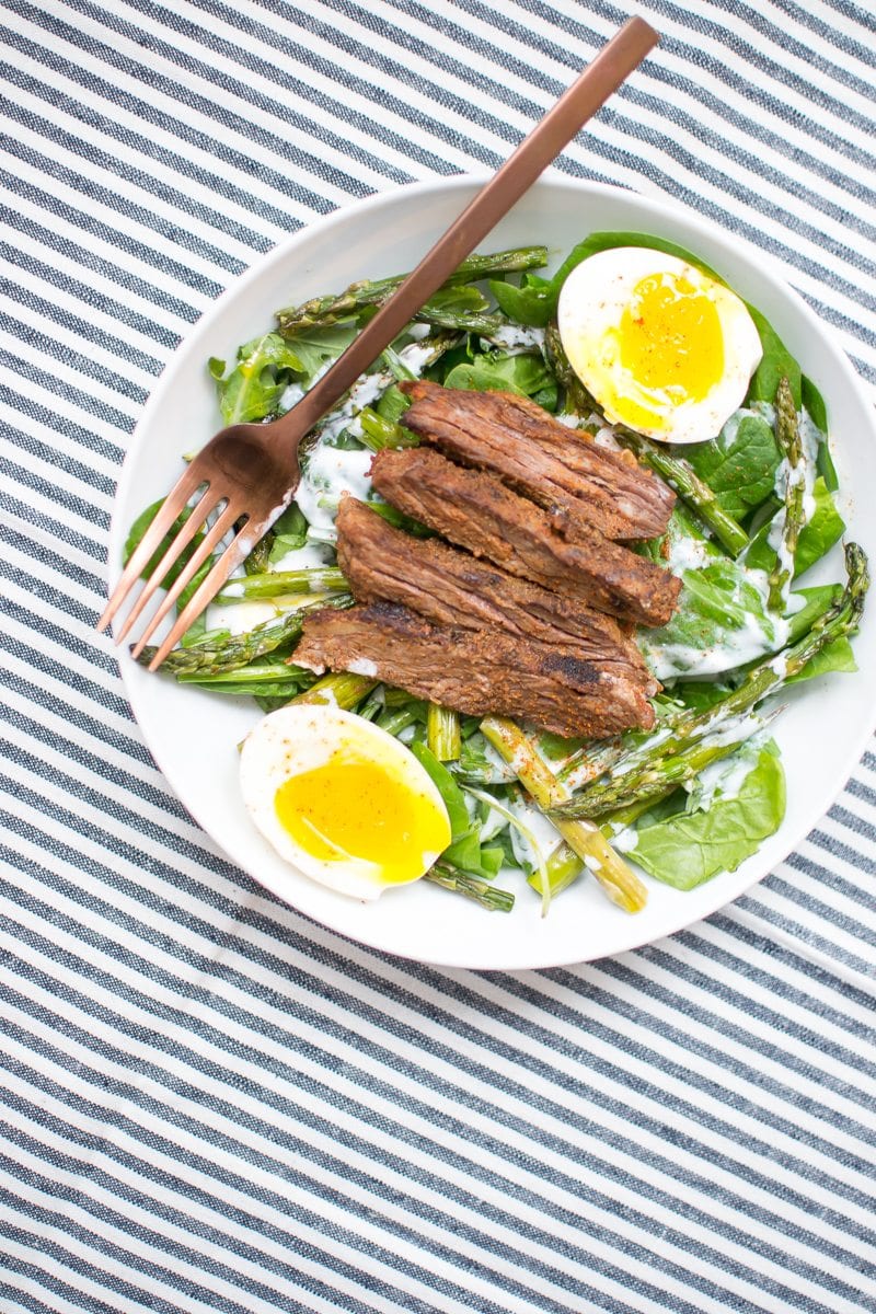 spring steak salad with soft boiled eggs - Appetites Anonymous