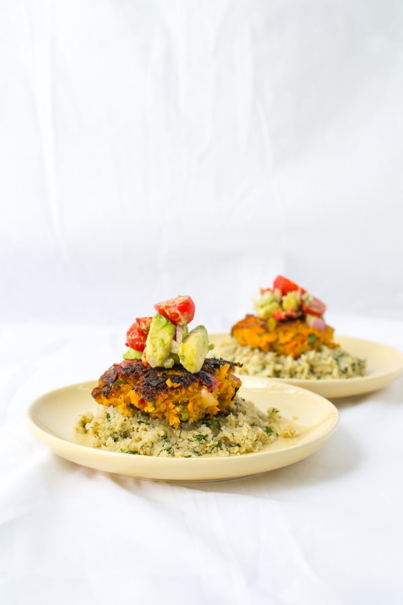 chipotle shrimp cakes over cilantro cauliflower rice | Appetites Anonymous