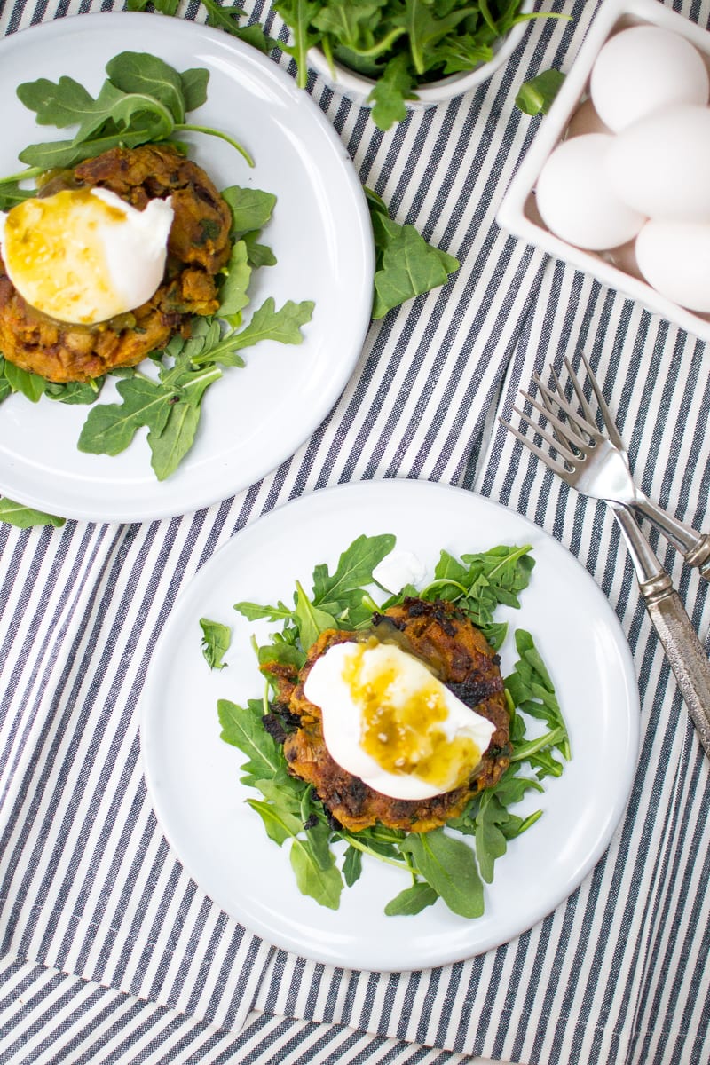 bacon and leek potato cakes with poached eggs and salsa verde | Appetites Anonymous