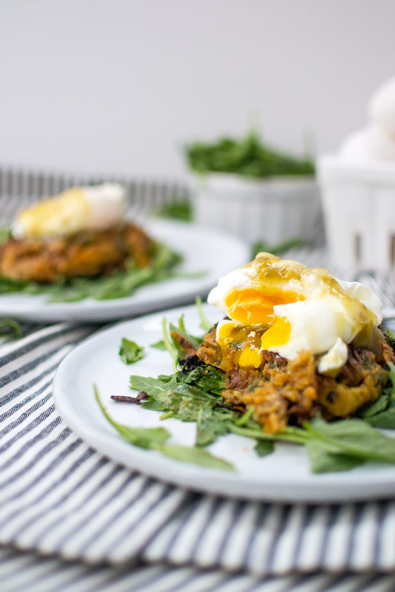 bacon and leek potato cakes with poached eggs and salsa verde | Appetites Anonymous