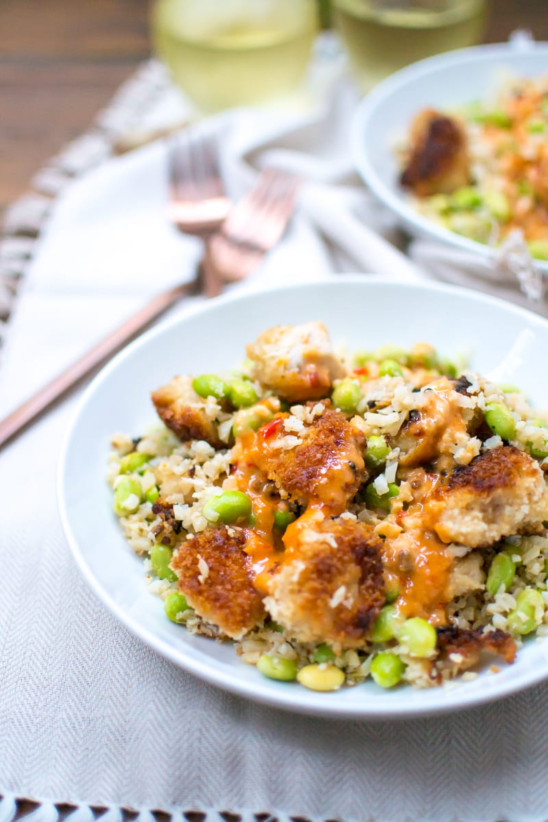 bang bang chicken over edamame cauliflower rice - Appetites Anonymous