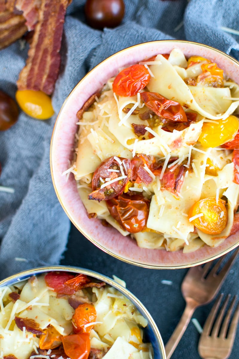 creamy pappardelle with bacon and roasted tomatoes - Appetites Anonymous