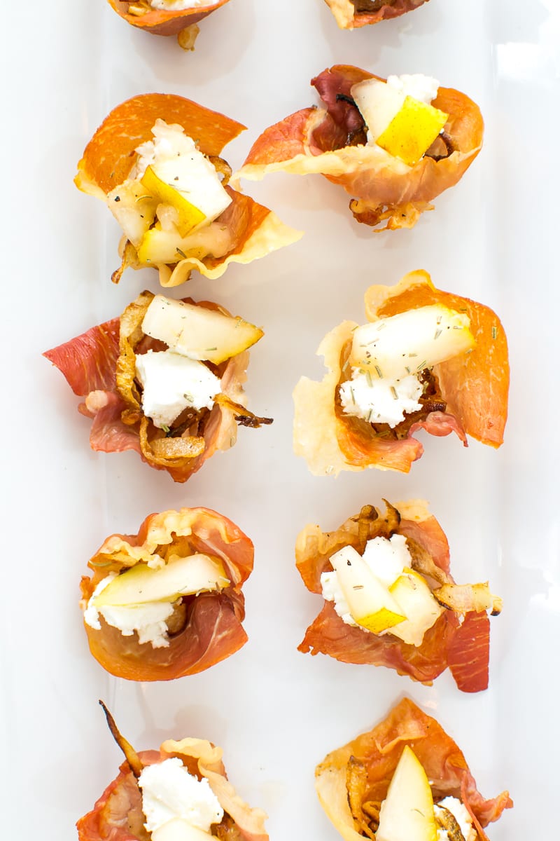 pear, goat cheese, & caramelized onion prosciutto cups | Appetites Anonymous
